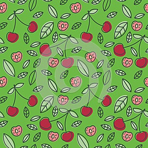 Cherry seamless pattern. Hand drawn fresh berry. Multicolored vector sketch background. Colorful doodle wallpaper. Red and green
