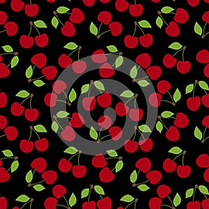 Cherry seamless pattern. Red berry. Fashion design. Food print for kitchen tablecloth, curtain or dishcloth. Hand drawn doodle