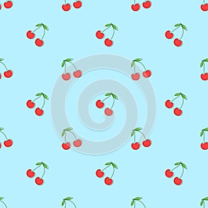 Cherry seamless pattern. Red berry. Fashion design. Food print for kitchen tablecloth, curtain or dishcloth. Hand drawn doodle