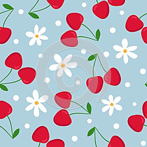 Cherry seamless pattern. Red cherries with green leaves and white flowers on blue background. Flat design.