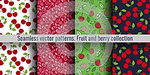 Cherry seamless pattern set. Red berry. Fashion design. Food print for kitchen tablecloth, curtain or dishcloth. Hand drawn doodle