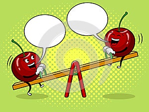 Cherry on seesaw pop art vector illustration