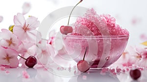 Cherry slush in a glass bowl with cherry and blossoms around, on a light background