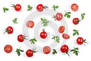 Cherry small tomatoes with parsley leaves isolated on white background. Set or collection. Top view. Flat lay