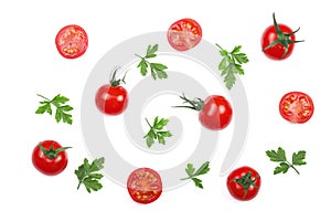 Cherry small tomatoes with parsley leaves isolated on white background. Set or collection. Top view. Flat lay