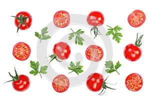 Cherry small tomatoes with parsley leaves isolated on white background. Set or collection. Top view. Flat lay