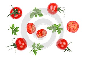 Cherry small tomatoes with parsley leaves isolated on white background. Set or collection. Top view. Flat lay