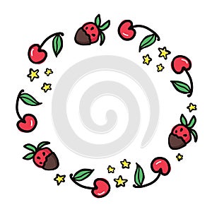 Cherry and strawberry fruit wreath. Summer berries, fruits with leaves, vector background. Hand drawn doodle