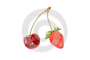 Cherry and strawberry together on the same double stem isolated on white background. Fruit business partnership concept