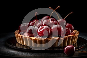 Cherry tart with dollop of whipped cream on a sleek black plate on dark background, generative AI