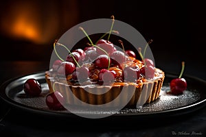 Cherry tart with a dollop of whipped cream on a sleek black plate on dark background, generative AI