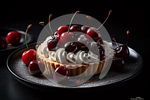 Cherry tart with a dollop of whipped cream on a sleek black plate on dark background, generative AI
