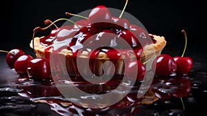 Delicate Cherry Tart With Icing On Black - High Quality Stock Photo photo