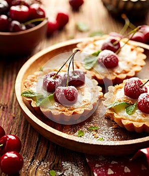 Cherry Tarts with vanilla custard and caramel, delicious dessert on a wooden table