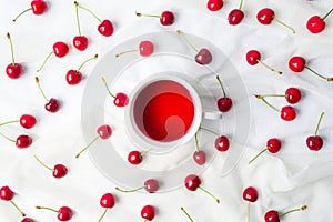 Cherry tea and fruit flatlay