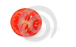 Cherry tomato cut in half isolated on white background, close up detail