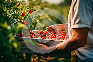 Cherry tomato harvest farmer collect at sunlight greenhouse. Farm men professional picking check vegetable farmland