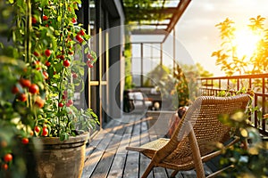 Cherry Tomato Plants on a Balcony Garden at Sunset