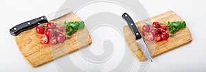 Cherry tomatoes with arugula leaves on a cutting Board, isolated on a white background