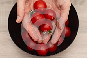 Cherry Tomatoes in a bowl in female hands. Hands cradling a black bowl filled with bright red cherry tomatoes