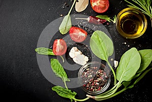 Cherry tomatoes on a branch, cucumber, parsley