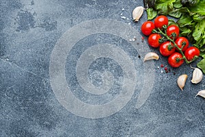 Cherry tomatoes on a branch Fresh herbs and garlic clove with spices on a dark stone table. Top view with copy space