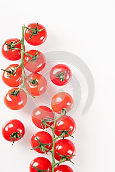 Cherry tomatoes on branch isolated on white background. Top view