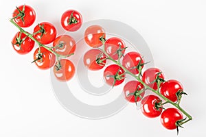 Cherry tomatoes on branch isolated on white background. Top view