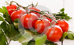 Cherry tomatoes on a branch with parsley