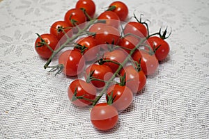 Cherry tomatoes on a branch in two rows on a table with a blanket tablecloth