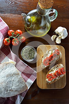 Cherry tomatoes bruschetta with feta cheese ,olive oil,garlic and thyme