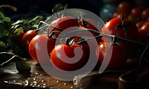 Cherry tomatoes are a delightful pop of sweetness in salads against black backdround. Generative ai