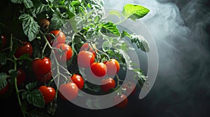 Cherry tomatoes with drops on branch. Generative AI