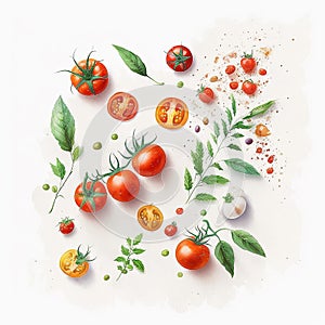 Cherry tomatoes isolated on white background watercolor. Flat lay, top view. Ai generative illustration