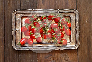 Cherry tomatoes on a metal tray