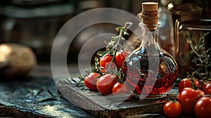 Cherry tomatoes with olive oil in a rustic kitchen setting
