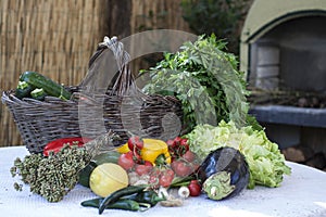 cherry tomatoes, parsley, eggplant, peppers, zucchini and other vegetables in basket on the table in