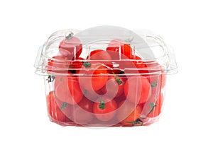 Cherry tomatoes in a plastic container.