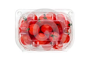Cherry tomatoes in a plastic container.