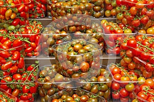 Cherry tomatoes in a plastic container in vegetable shop,  Fresh cherry tomatoes in box