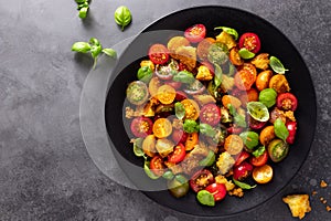 Cherry Tomatoes salad and bread. Traditional italian salad Panzanella. Healthy Mediterranean cuisine.Top view