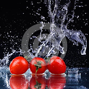 cherry tomatoes in water splash on black background