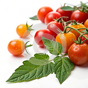 Cherry tomatoes on a white surface with a green leaf