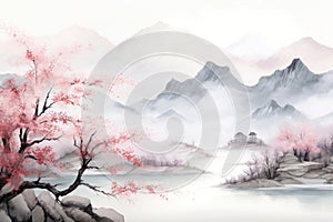 Cherry tree blossoms blooming. Traditional oriental watercolor painting, japanese and chinese style. Ink landscape painting. Lake