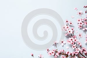 Cherry tree branch with beautiful pink blossoms on light background, flat lay. Space for text