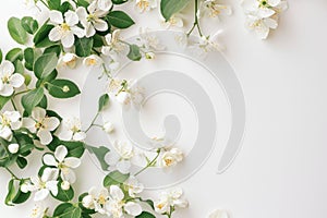 Cherry tree branches with beautiful flowers on white background, banner design