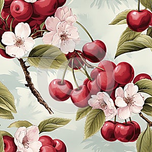 Cherry tree seamless pattern, created with generative AI