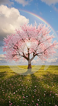 Cherry Tree in Spring Bloom Beneath a Shimmering Rainbow