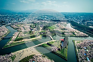 Cherry trees along the moats of Fort Goryokaku as seen from Goryokaku Tower,Hakodate,Hokkaido,Japan in spring.