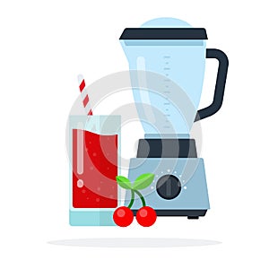 A cherry twig, cherry juice in a glass and a fruit blender flat isolated